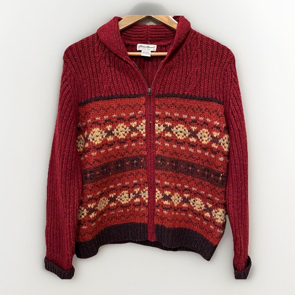 Eddie Bauer Size L Wool and Mohair Blend Rust Red Zip Front Sweater